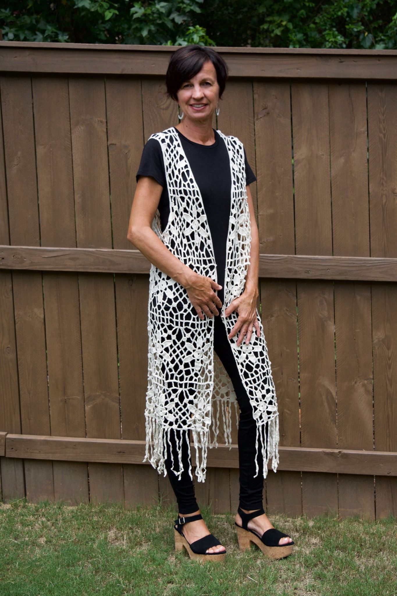 Long Crochet Vest with Fringe Cream The Shabby Tree