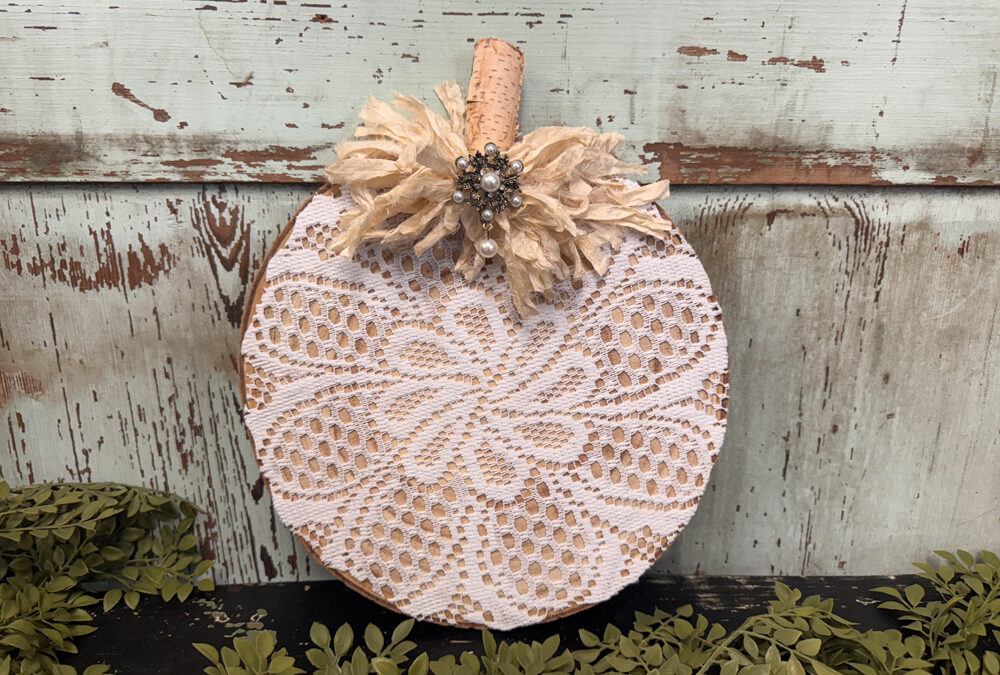 Easy Dollar Tree Pumpkin DIY with a Doily and Wood Disc