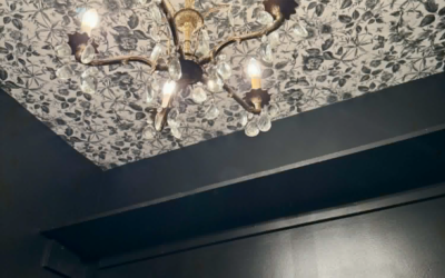 Black Laundry Room With Wallpaper Ceiling